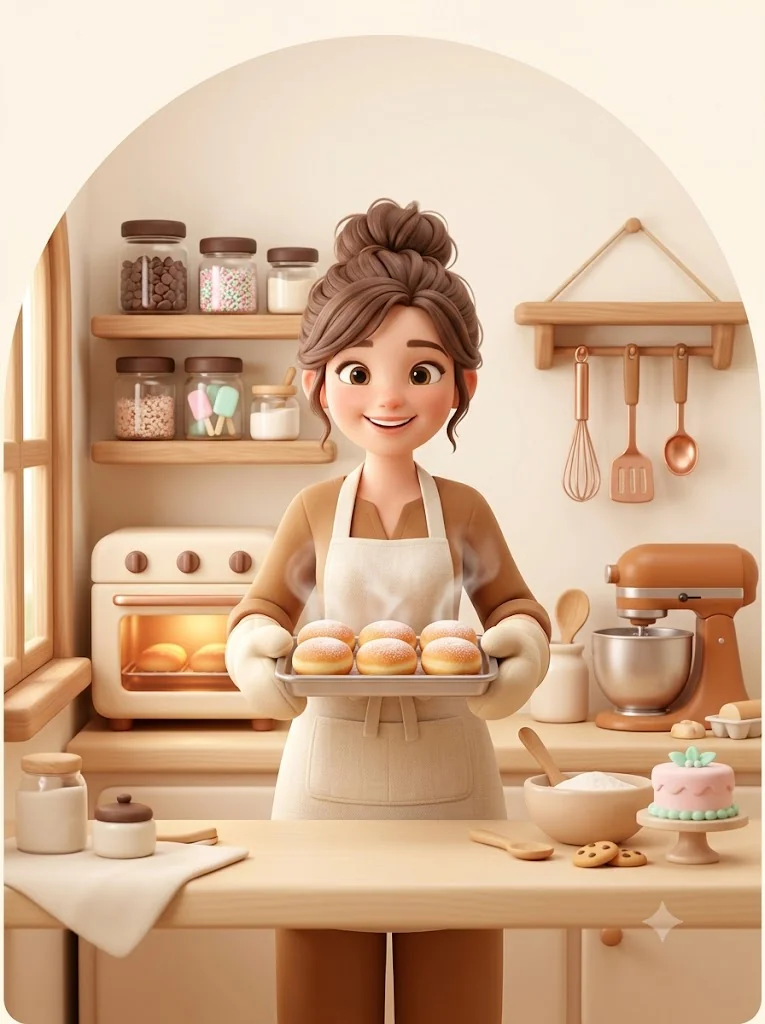 Our baker holding a tray of fresh bomboloni in her home kitchen